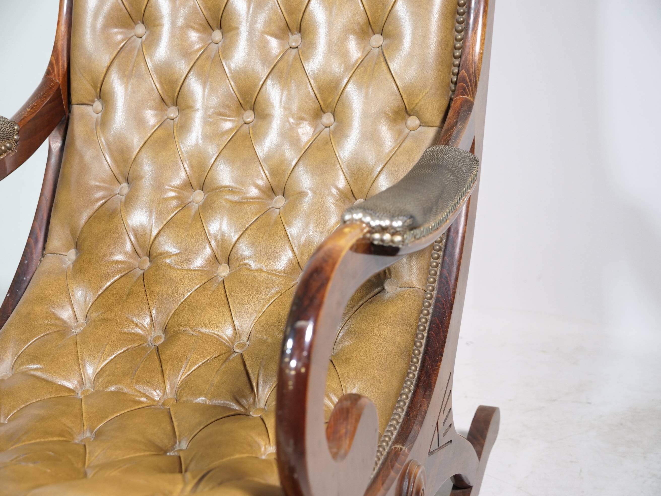 Vintage Chesterfield Design Leather Rocking Chair in Wood, 1920s