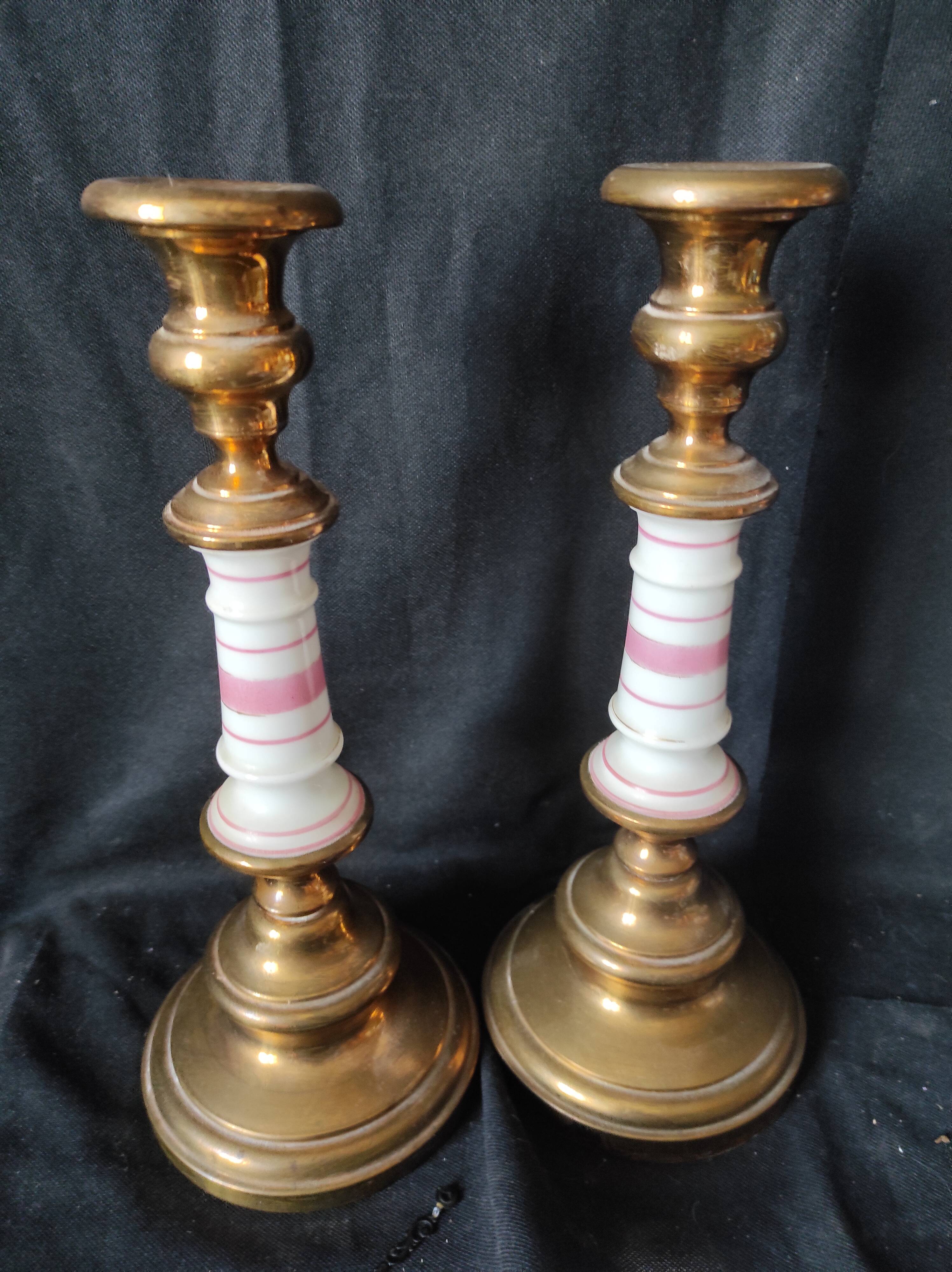 xix eme / pair brass porcelain candle holders