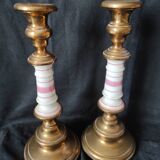 xix eme / pair brass porcelain candle holders