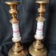 xix eme / pair brass porcelain candle holders