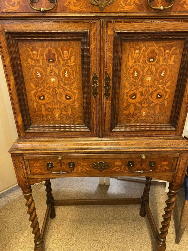 Cabinet secretaire de dame bonheur du jour chene avec marqueterie et nacre