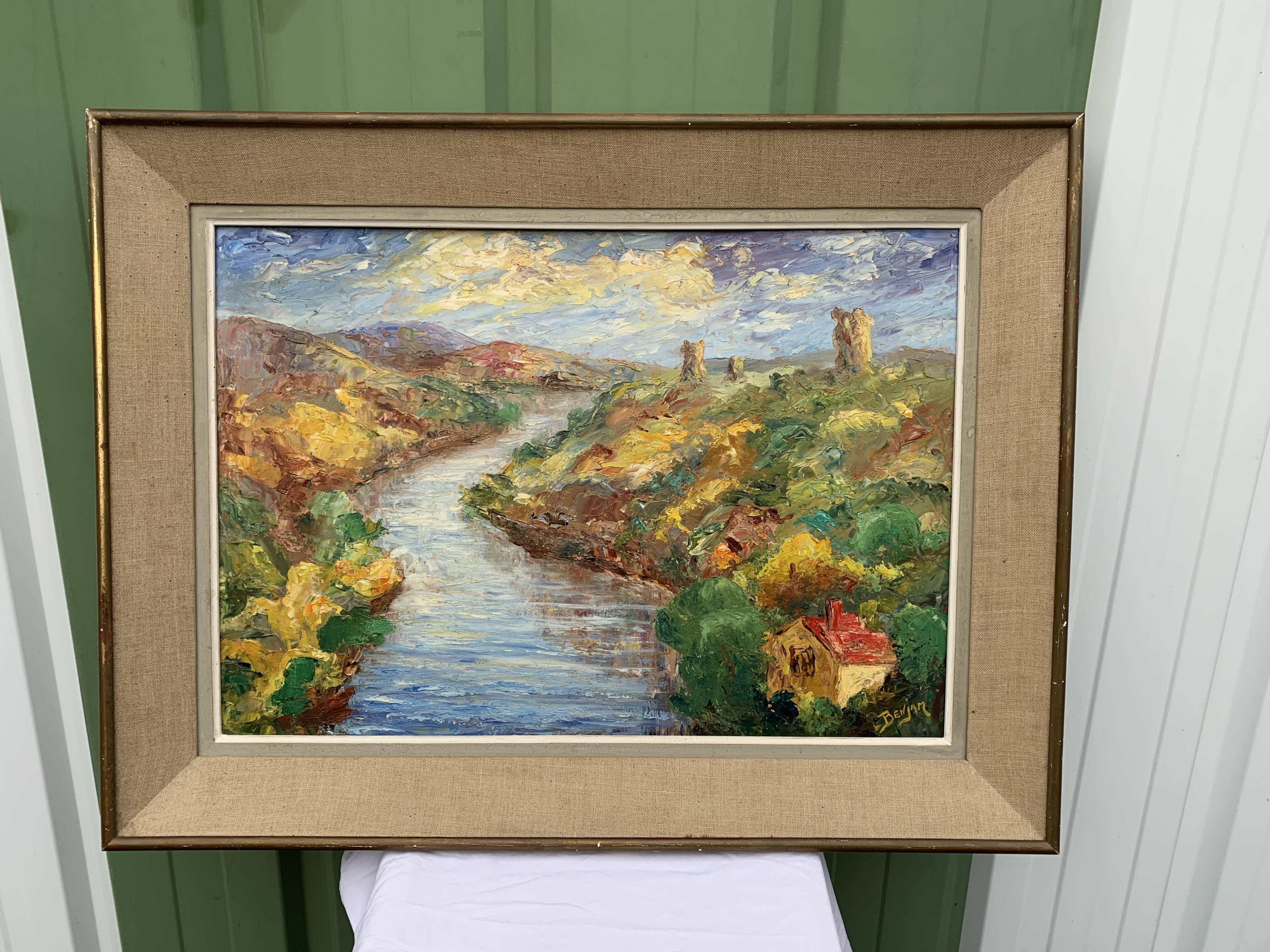Colorful landscape painting with a river and hills signed Benjam