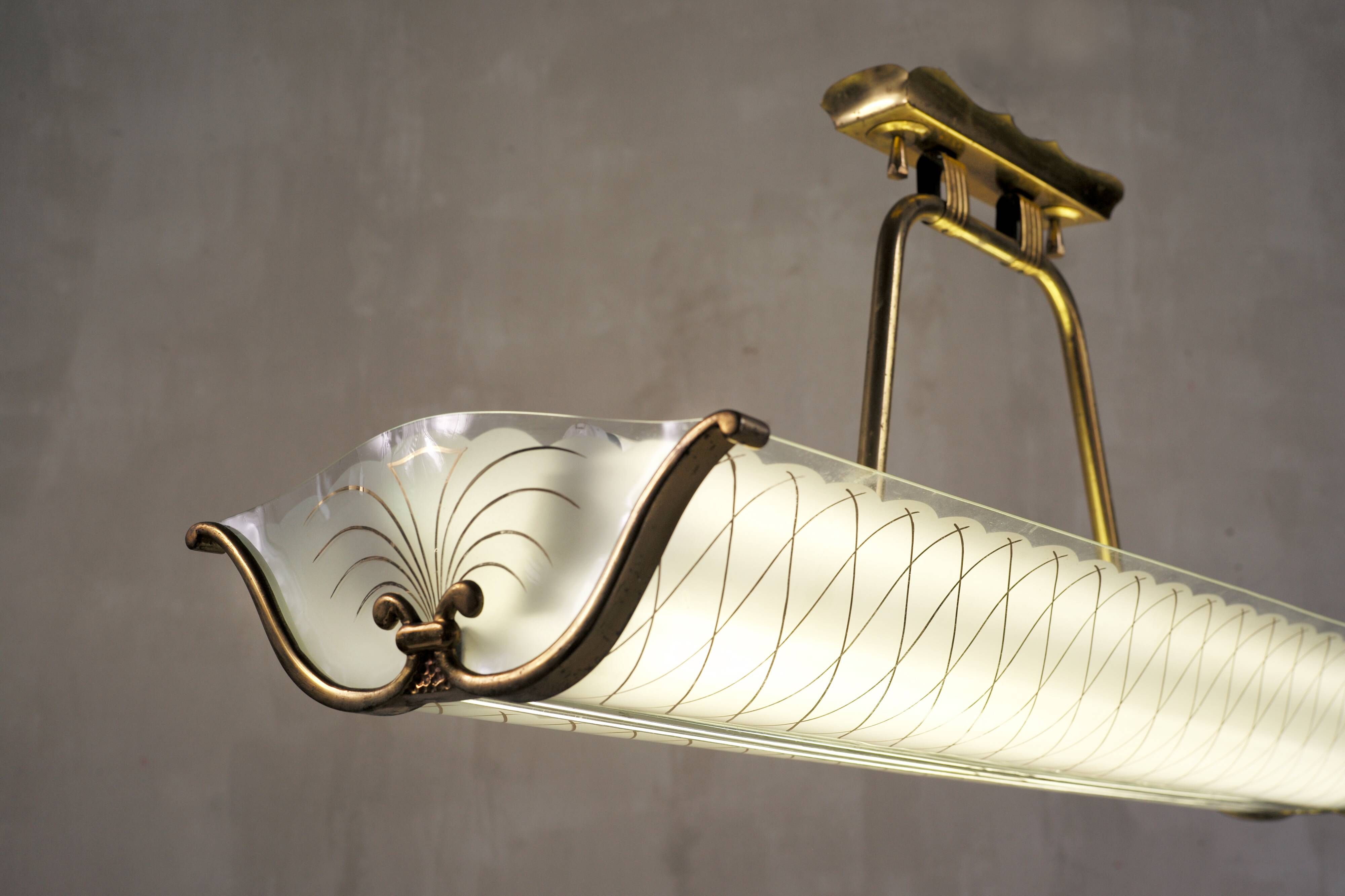 Large cast glass and brass pendant light Maison Lunel France 1960
