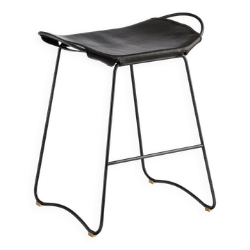 Tabouret de bar contemporain, métal argenté vieux et cuir noir