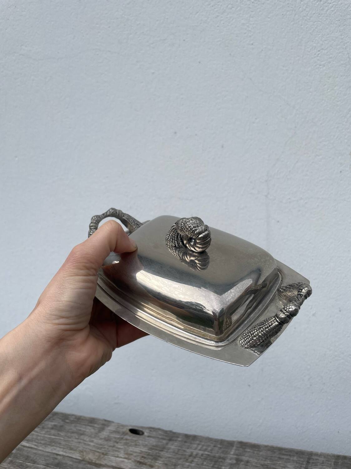 Silver metal pompom butter dish