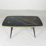 Vintage coffee table with glass top and angled legs, 1950s