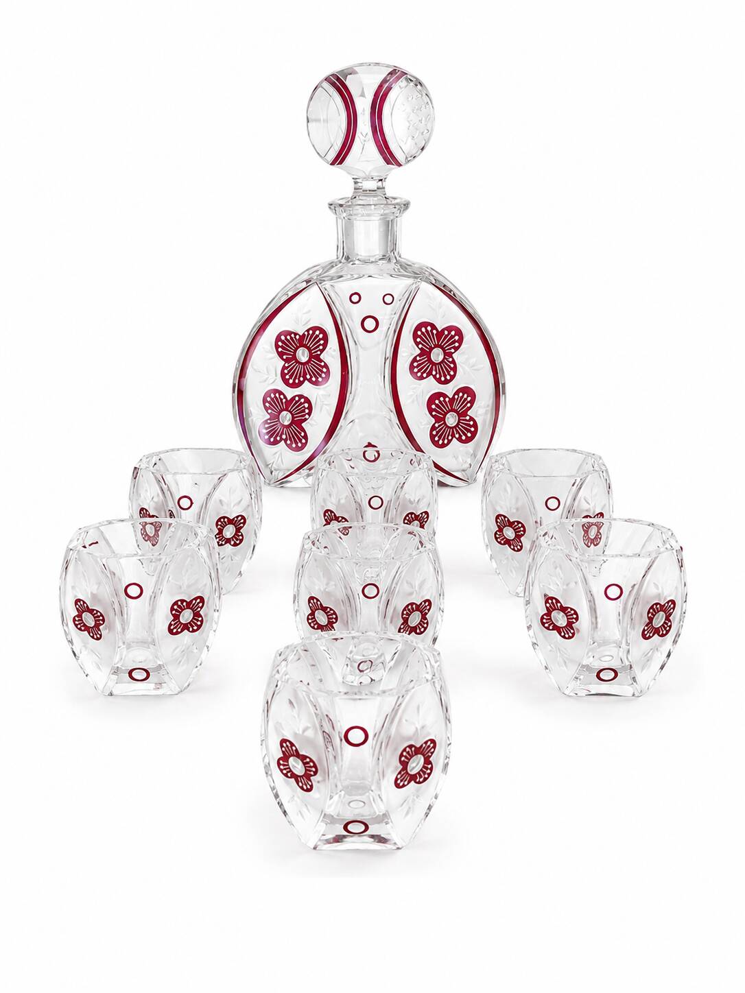 Vintage liqueur service in decorated red glass – decanter and 7 glasses