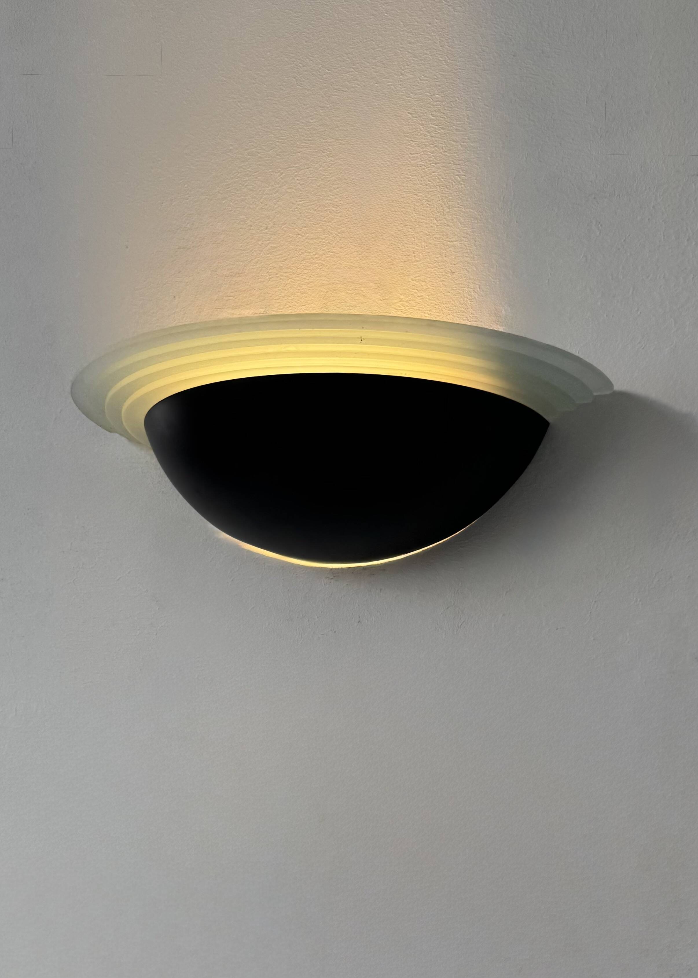 Vintage half-moon wall light, sandblasted glass and black lacquered metal, France, 1970