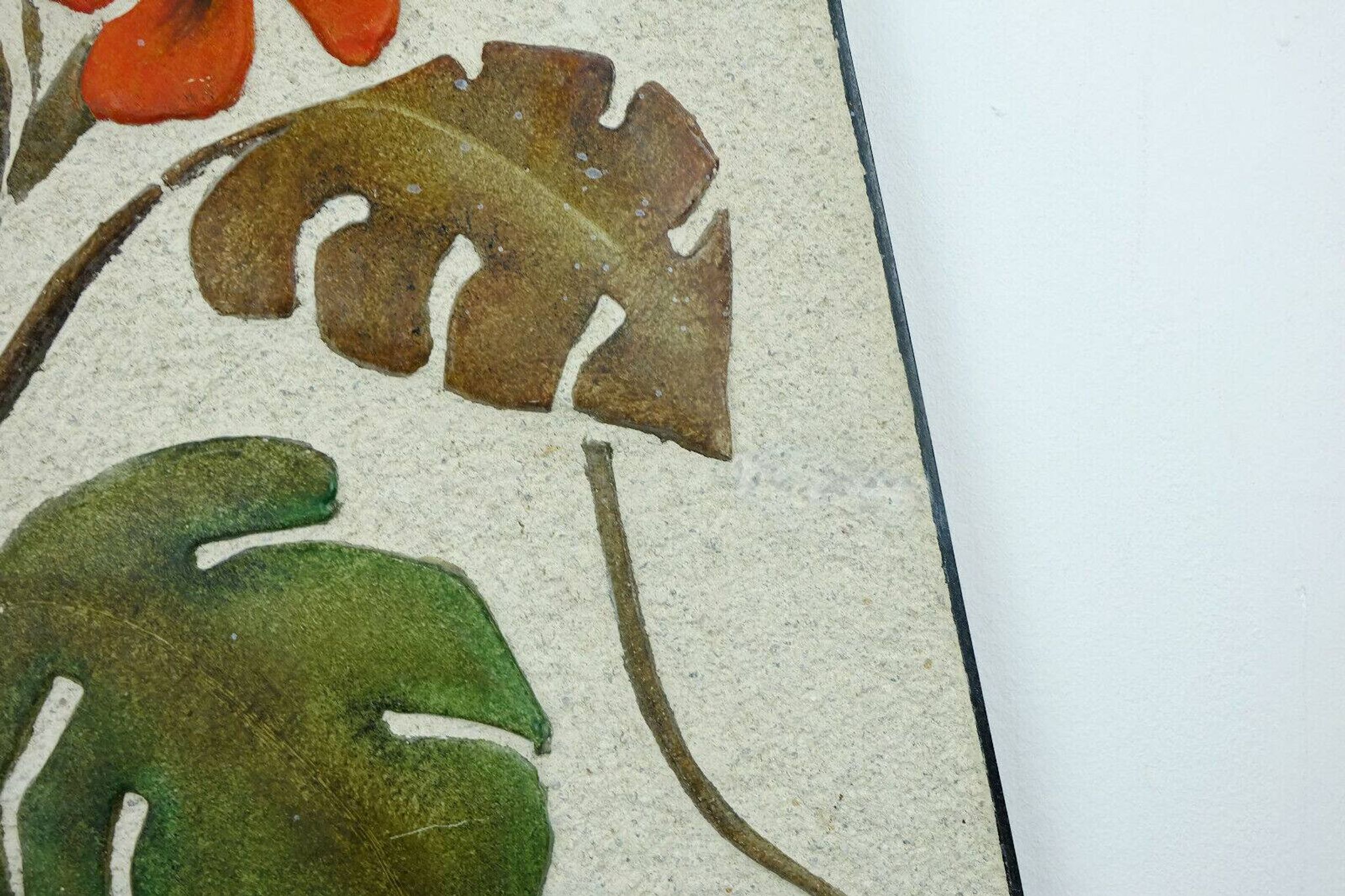 Mid century ceramic and plaster wall tile floral decor leaves and blossoms 1950s wgp