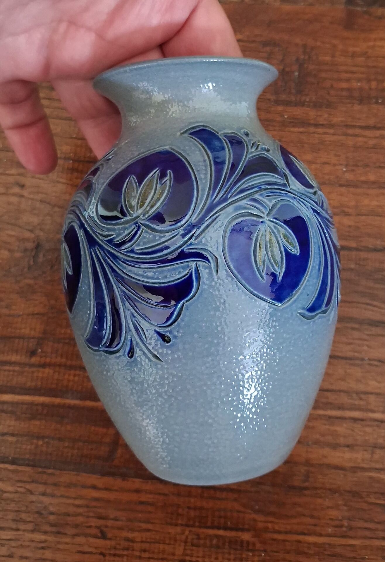 Cobalt blue Alsace stoneware soliflore vase signed Schmitter vi