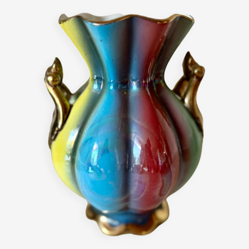 Vase italien vintage multicolore / vase en céramique made in Italy émail multicolore et anses dorées
