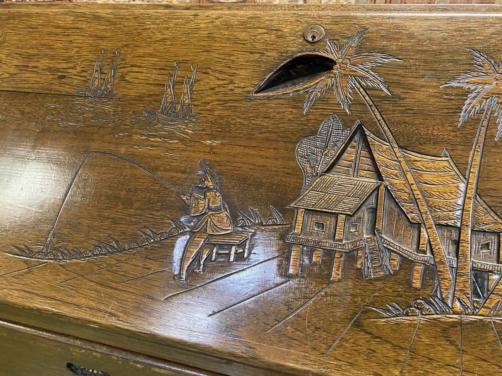 Asian-style teak secretary, 1970s manufacturing