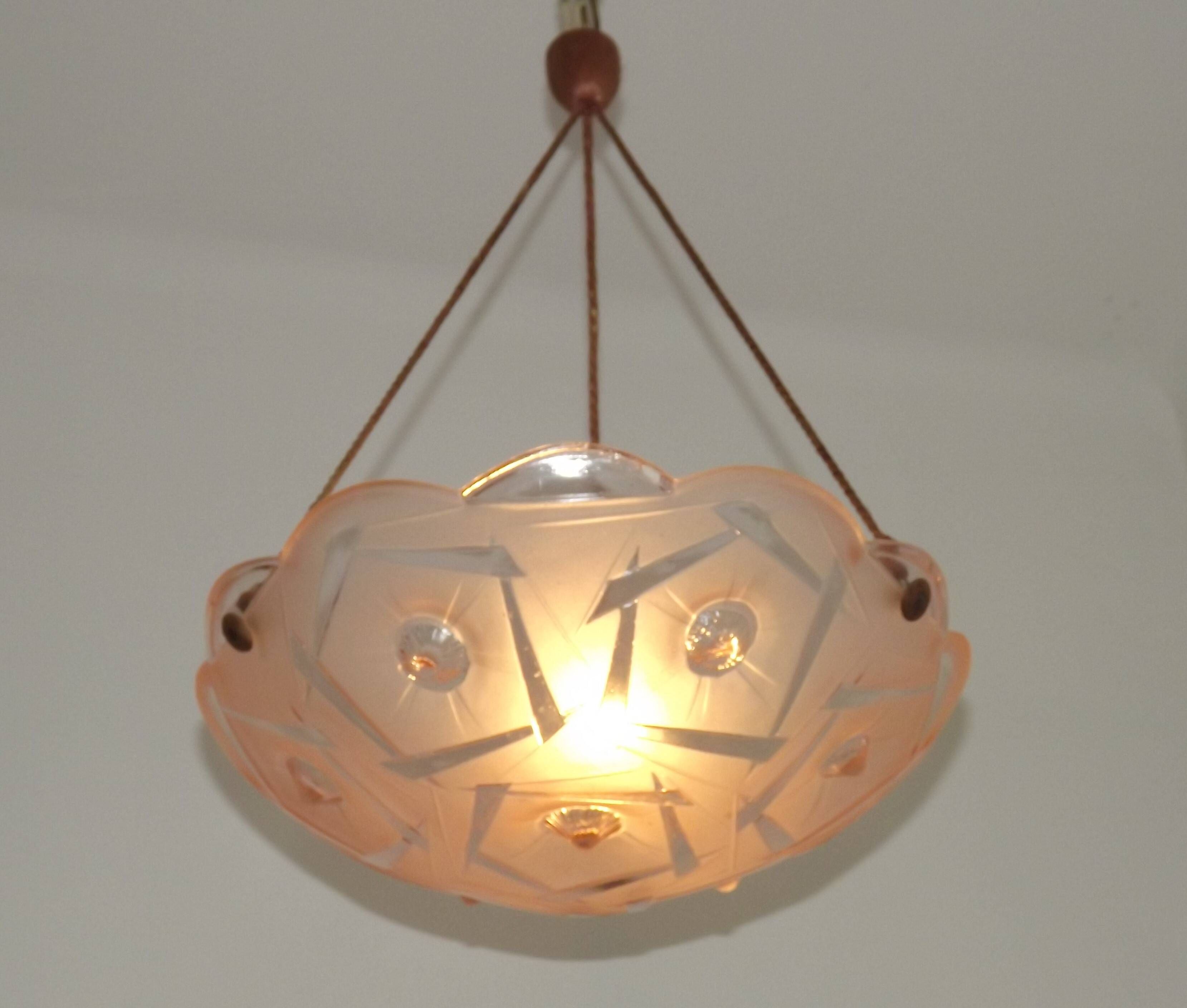 French Art Deco Stamped 1053 Pink Glass Plafonnier Hanging Light Pink Ropes