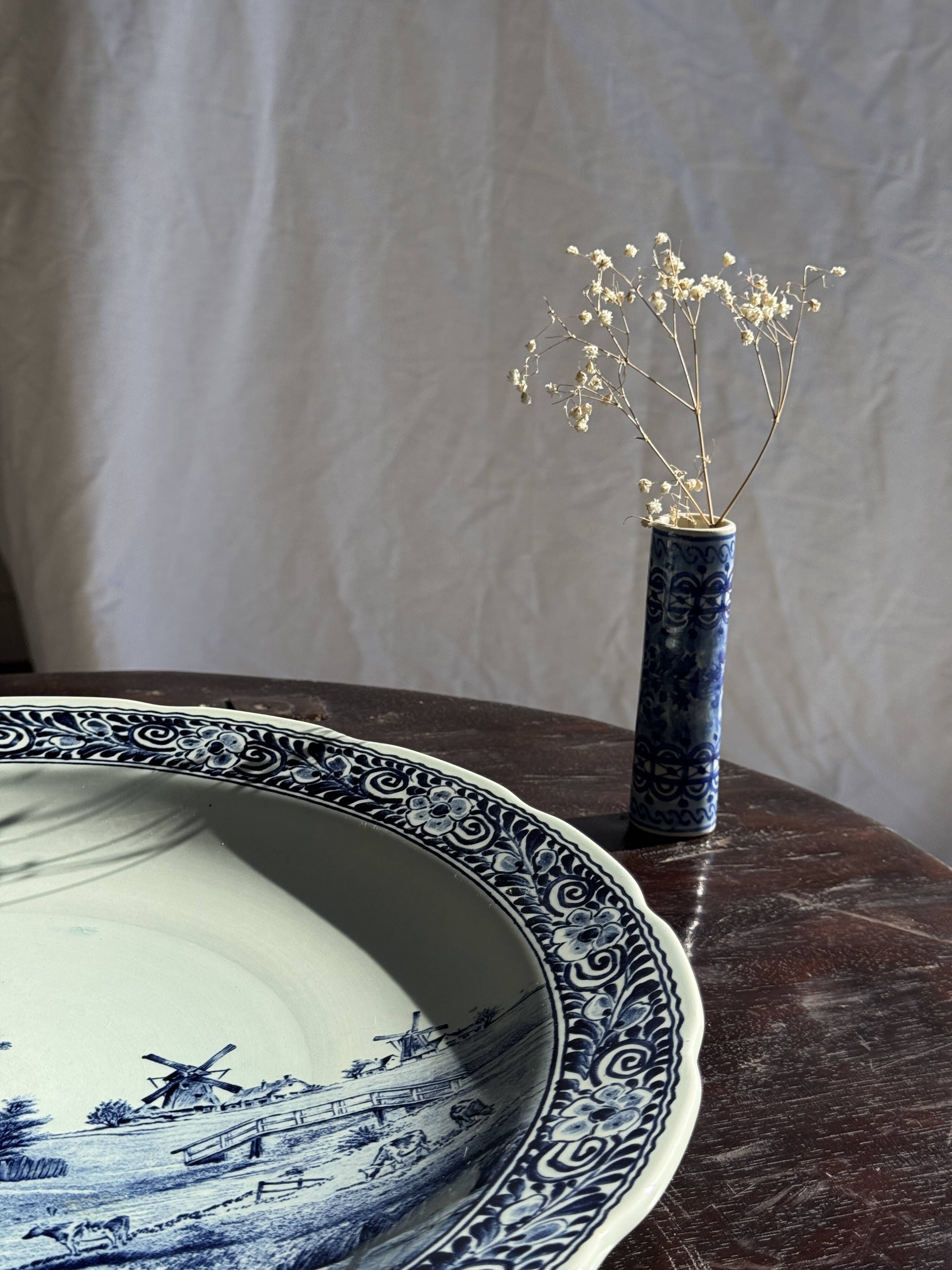 Vintage blue and white earthenware soliflore vase from Portugal.