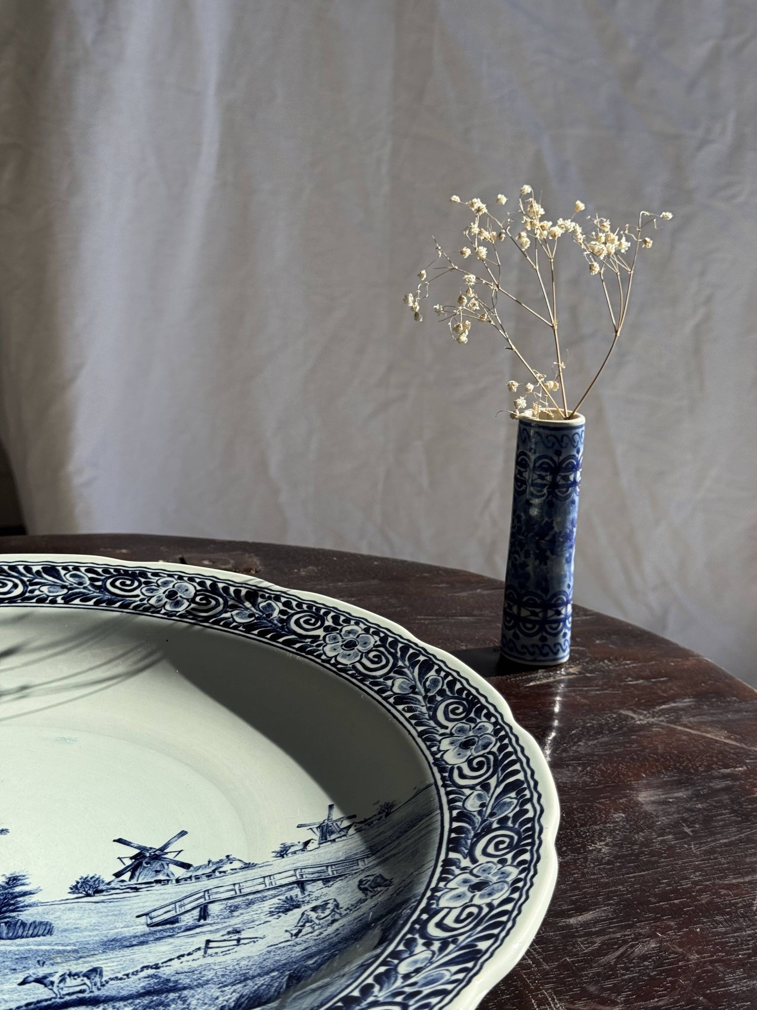 Vintage blue and white earthenware soliflore vase from Portugal.