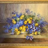 Old painting, still life with flowers, signed Marie Piat (1880-1977)