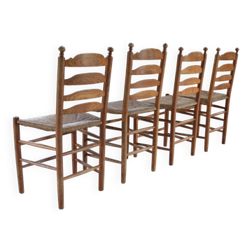 Set of 4 old Dutch oak ladderback chairs with rush seats – 1960s