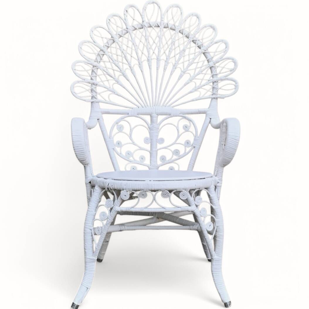 Emmanuelle Peacock white rattan armchair 1970