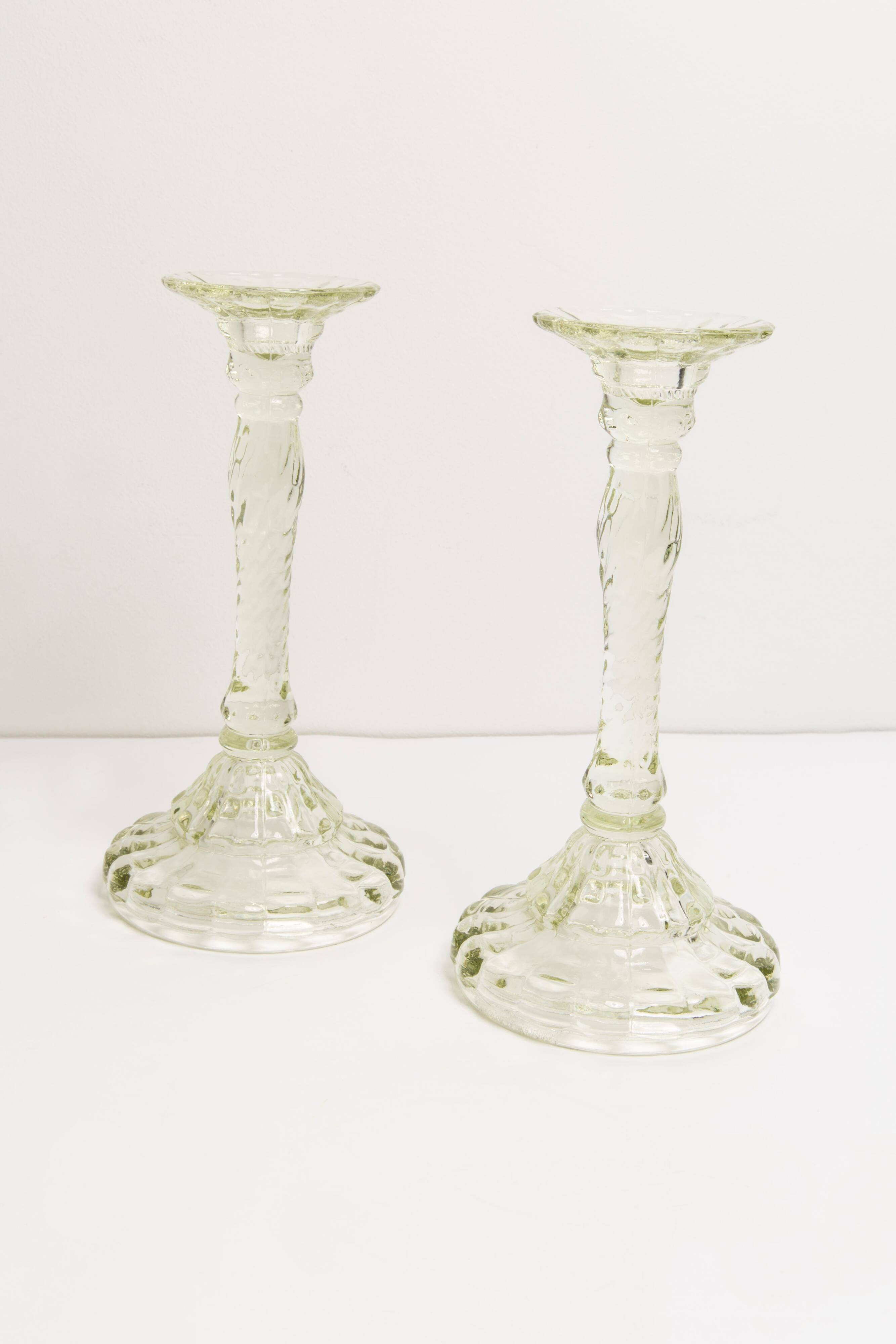 Set of two light green glass candlesticks from the mid-century, Europe, 1960s.