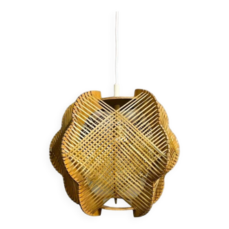 Lampe à suspension portugaise du milieu du siècle en bois et paille, 1960