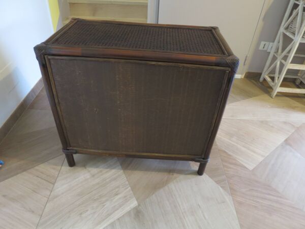 Vintage-commode 3 tioirs -bois bambou et rotin tressé - années 80