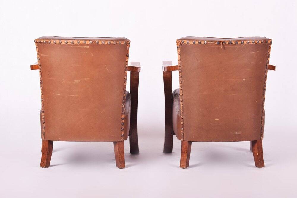 Vintage Art Deco Lounge Set in Walnut and Leather, 1930s, Set of 3