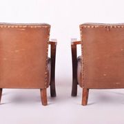 Canapé et 2 fauteuils Art Déco vintage en noyer et cuir, années 1930