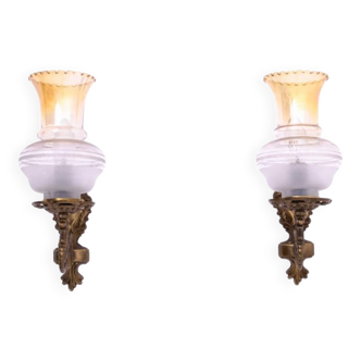 Pair of brass wall lamps, early 20th century, Poland.