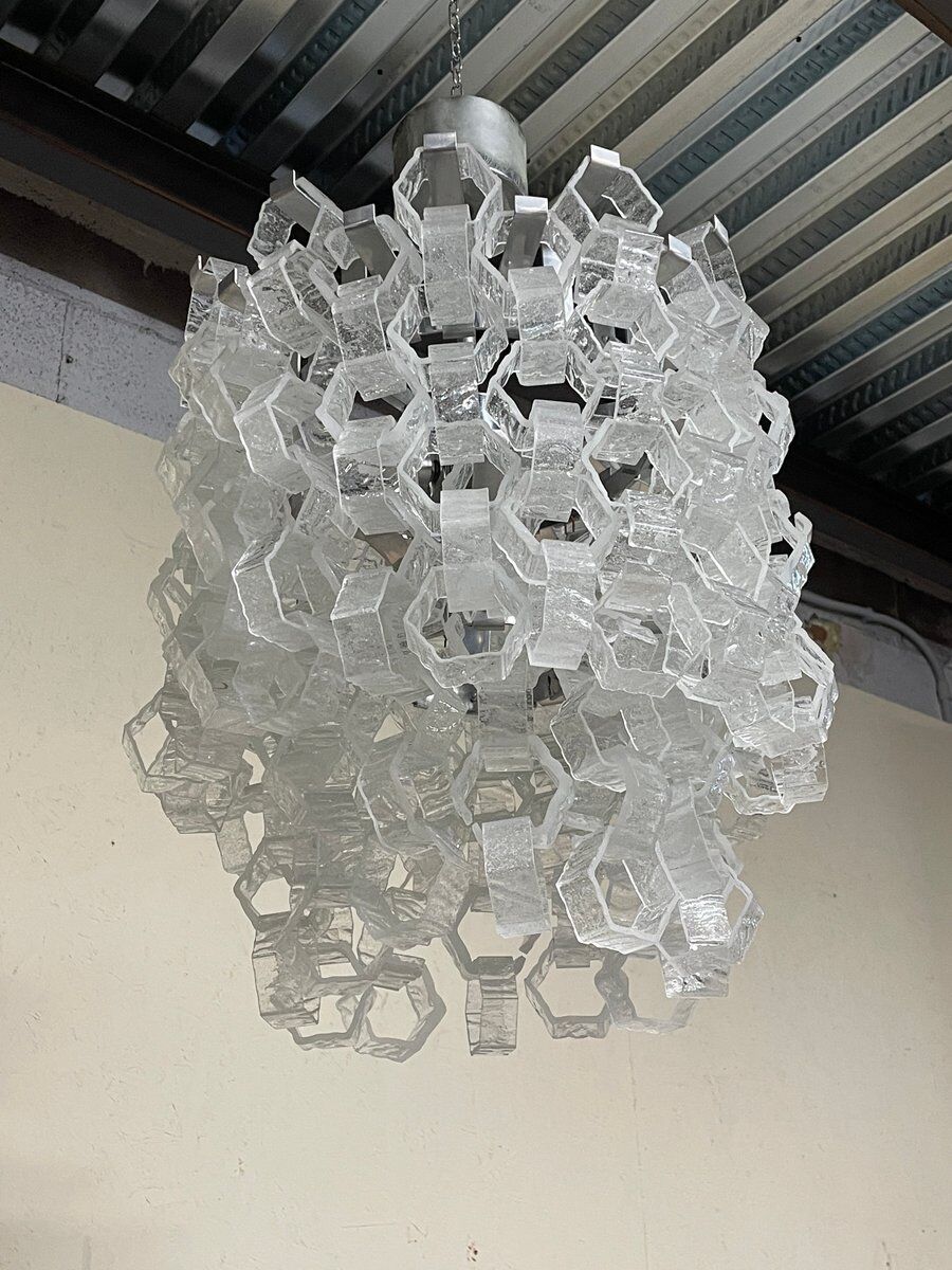 Hexagonal glass Cascade chandelier attributed to Av Mazzega, 1970s.
