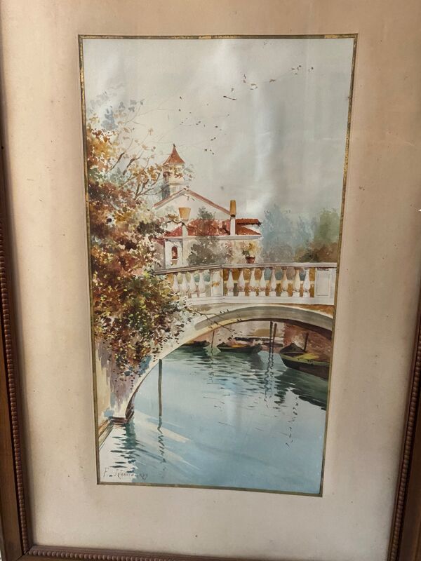 Petit pont à venise aquarelle signée f. jeannin gros encadré début xxe