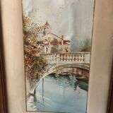 Small bridge in venice watercolor signed f. jeannin big framed early twentieth century
