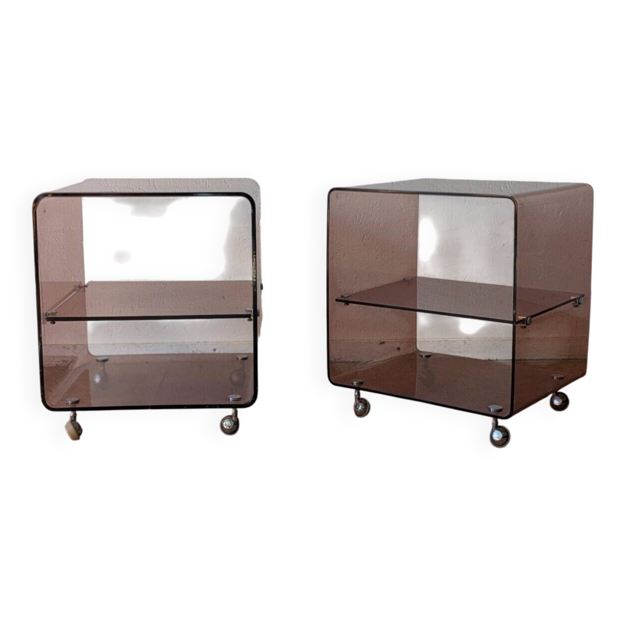 Pair of vintage smoked plexiglass bedside tables or accent furniture.