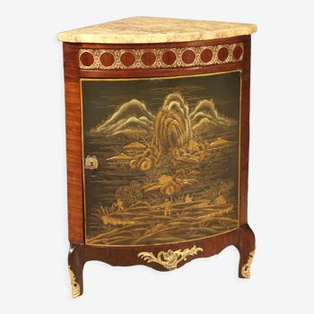 Corner cabinet in chinoiserie lacquered mahogany wood French