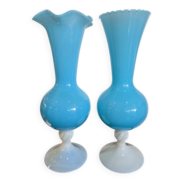 Pair of opaline blue blown glass vases – H. 35 cm