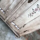 Grey double wardrobe in hand-painted pine — romantic floral pattern, 1920s era.