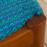 Pair of 42 Kai Kristiansen teak chairs in original blue bouclé upholstery, Denmark, 60s.