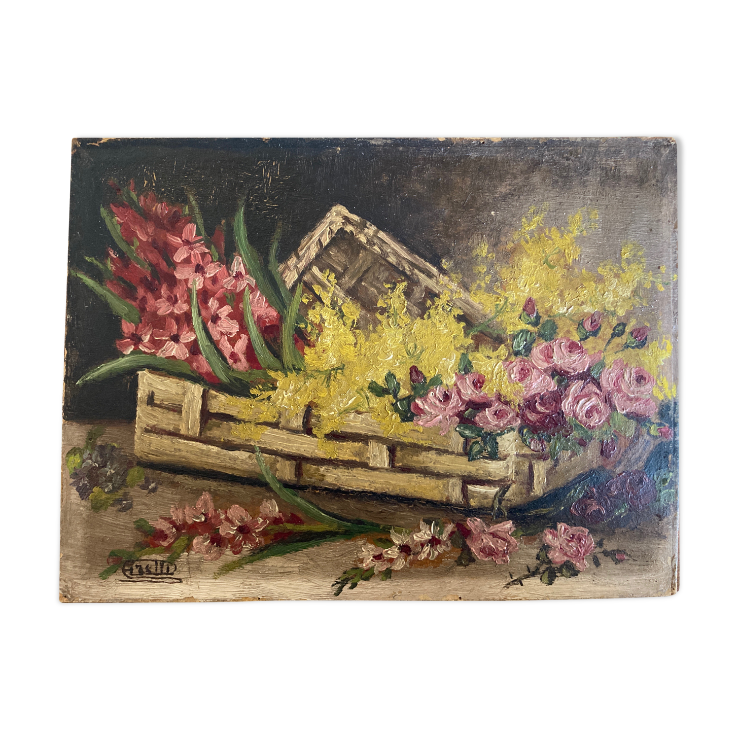 Flower basket oil with mimosas 1950