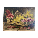 Flower basket oil with mimosas 1950