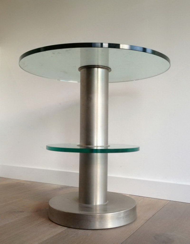 Brushed metal pedestal table and glass slabs