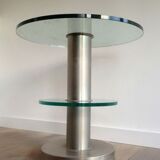 Guéridon en métal brossé et dalles de verre