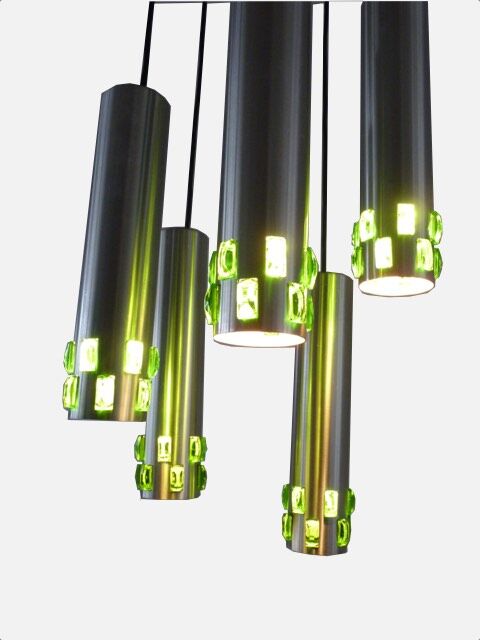 Suspension cascade of aluminum tubes with green glass