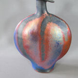 Lrge flat iridescent sandstone vase signed