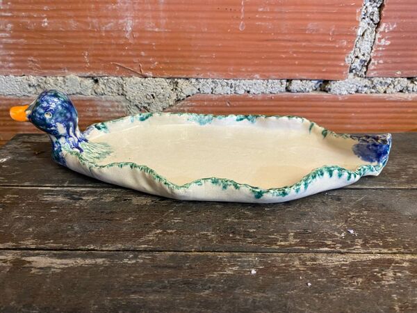 Plat + 6 Assiettes Service Foie Gras Forme Canard Céramique Polychrome