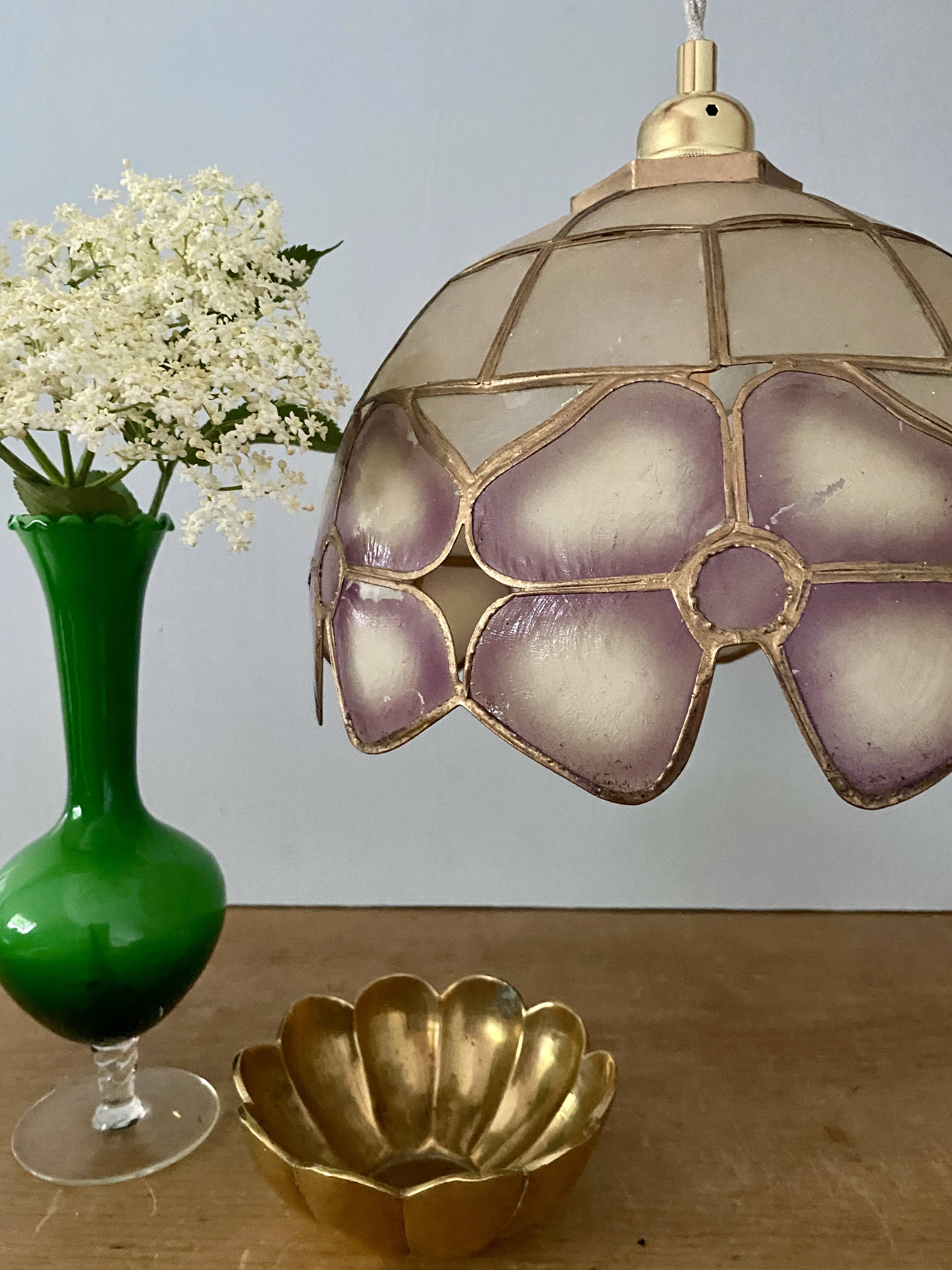 Vintage mother-of-pearl and brass lampshade pendant light