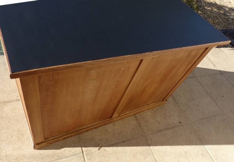 Large wooden desk with 5 drawers and a black faux leather top - Completely revamped.