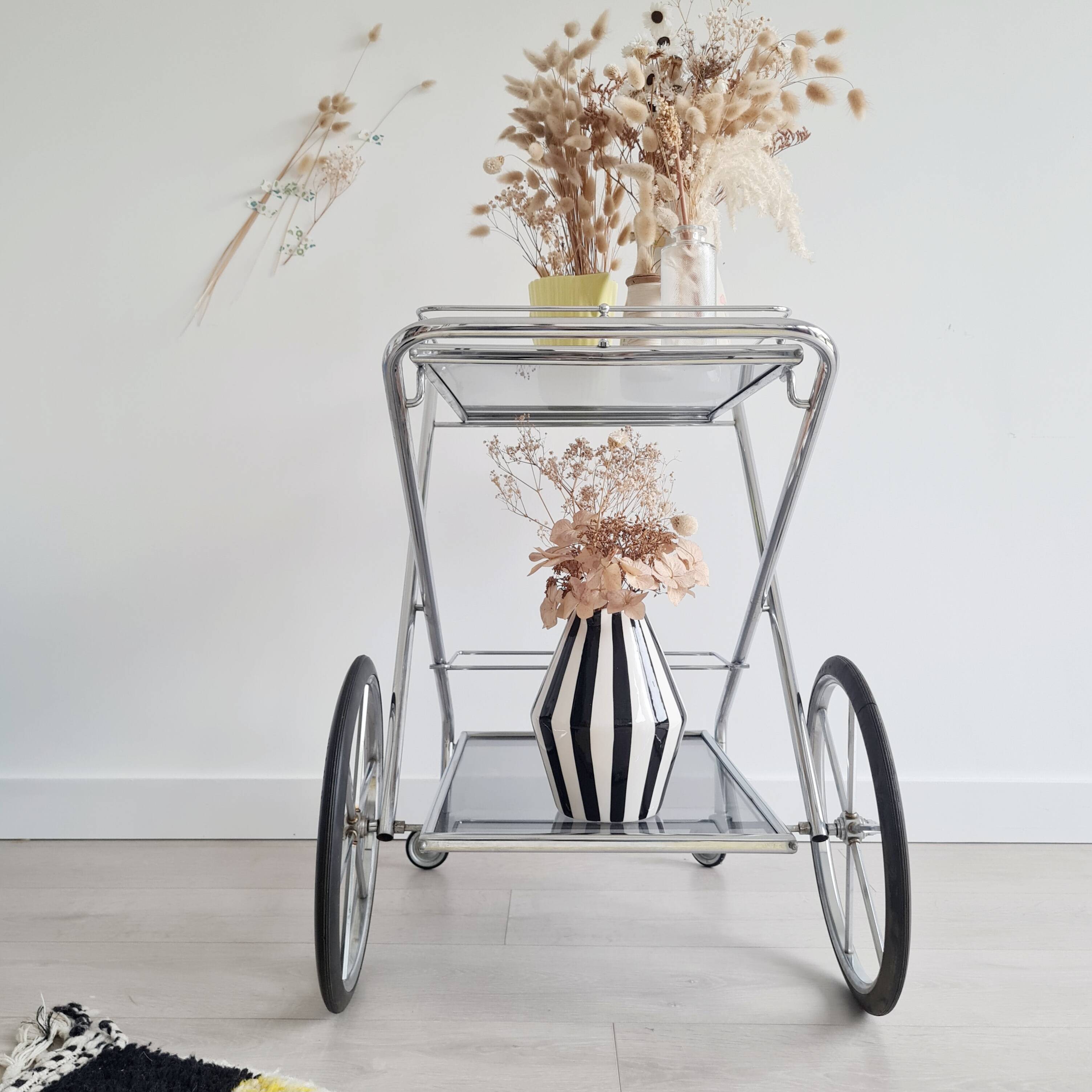 Rolling trolley - chrome and glass shelves