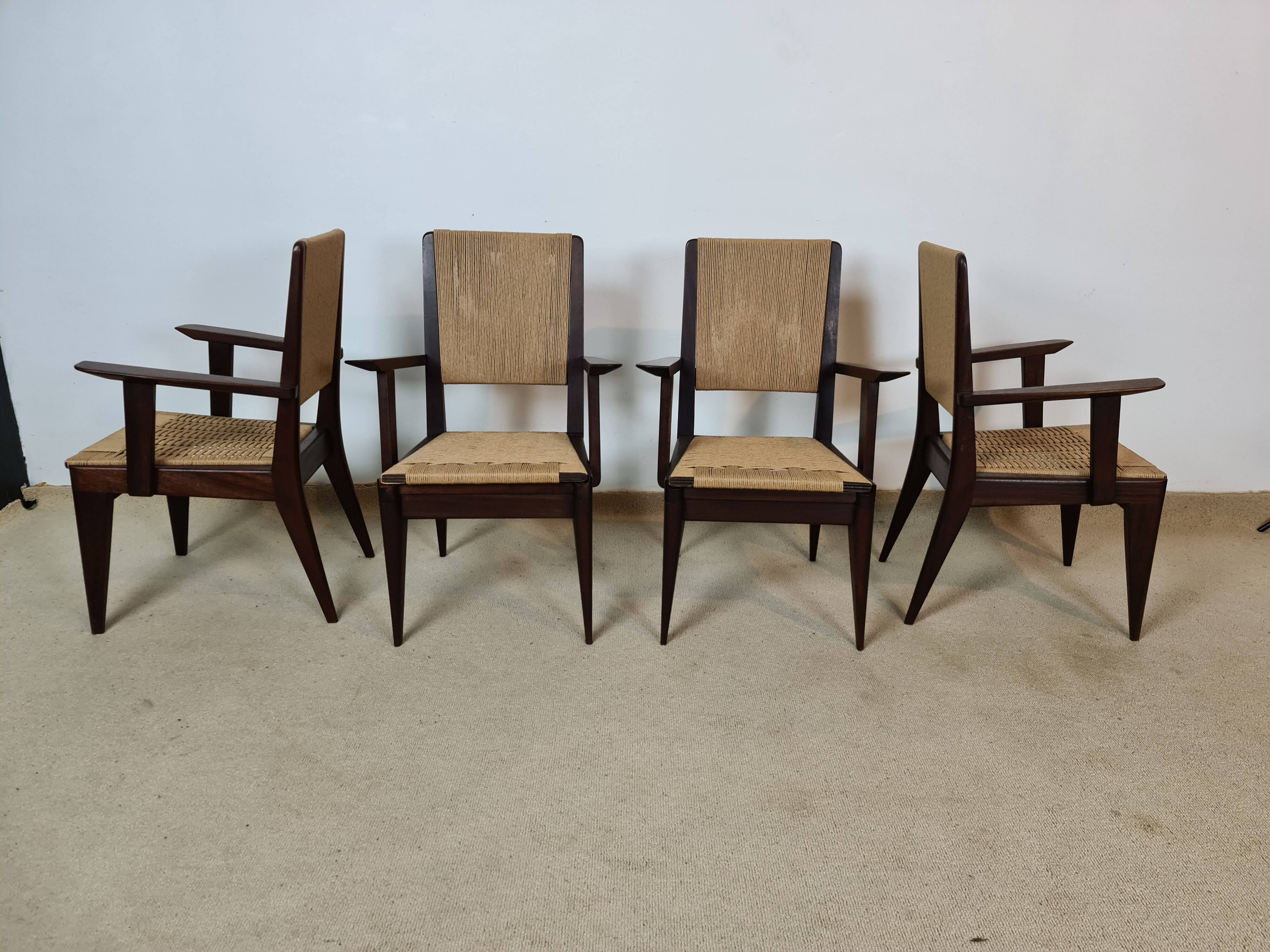 4 French mahogany and rope chairs 1950s