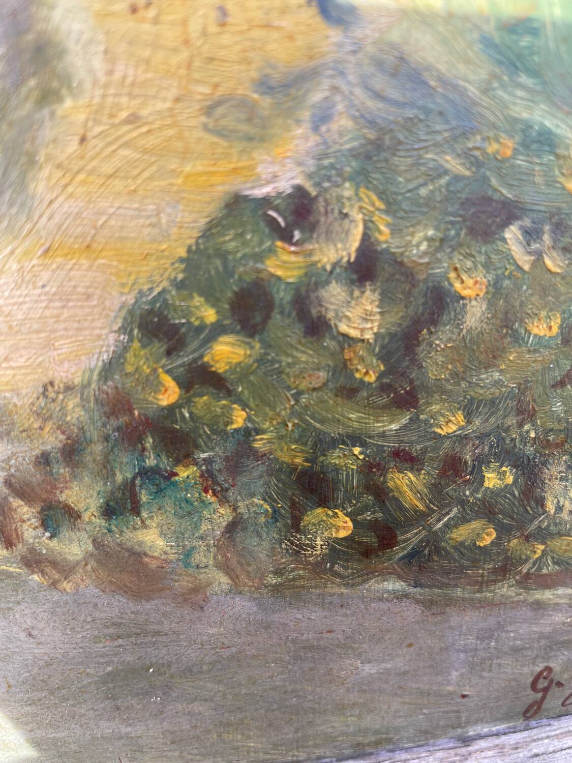 Paysage jardin à l’huile signé
