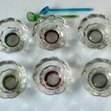 6 salerons anciens en verre et 2 cuillères en verre, années 1920