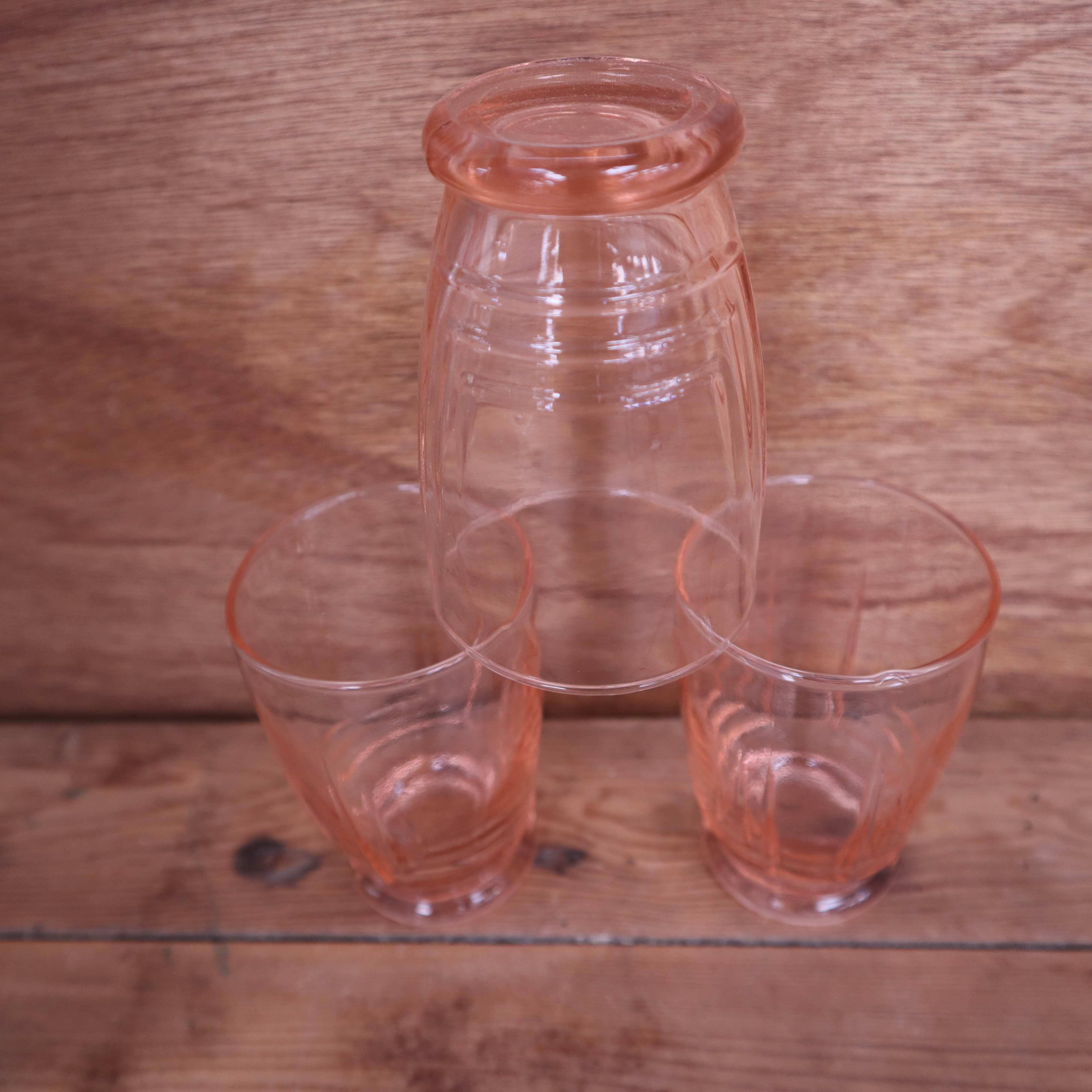 Lot of 3 old light pink water glasses from the 1950s